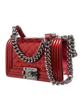 Chanel Small Boy Bag Red Patent Leather Quilted Chain Shoulder Bag